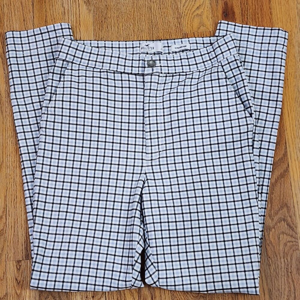 Hollister Ultra High-Rise Plaid Mom Pants Womens M Black White  Blue Stretch Y2K
